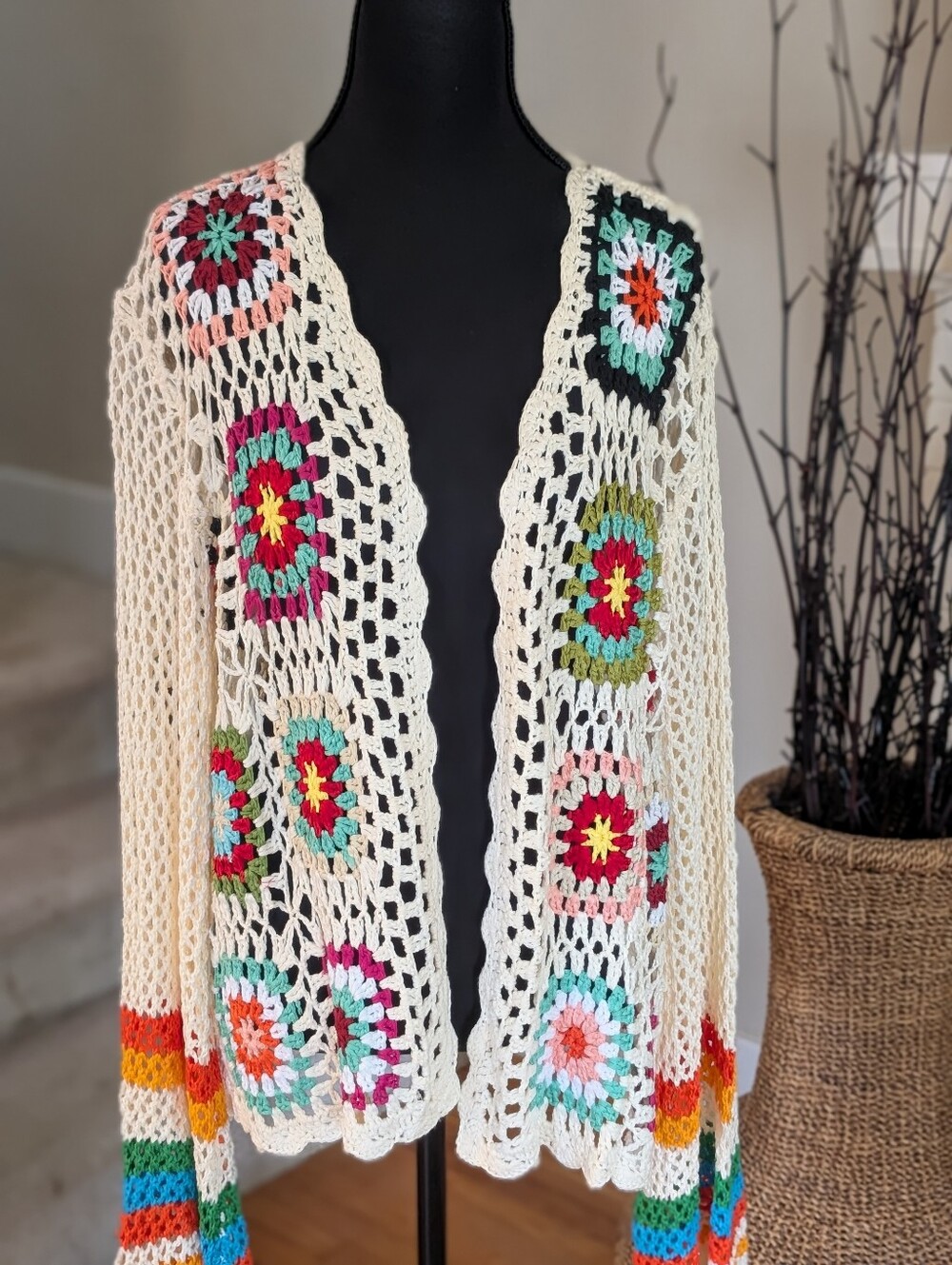 Boho Crochet Granny Square Cardigan Open Front Festival Hippie Cottagecore XL